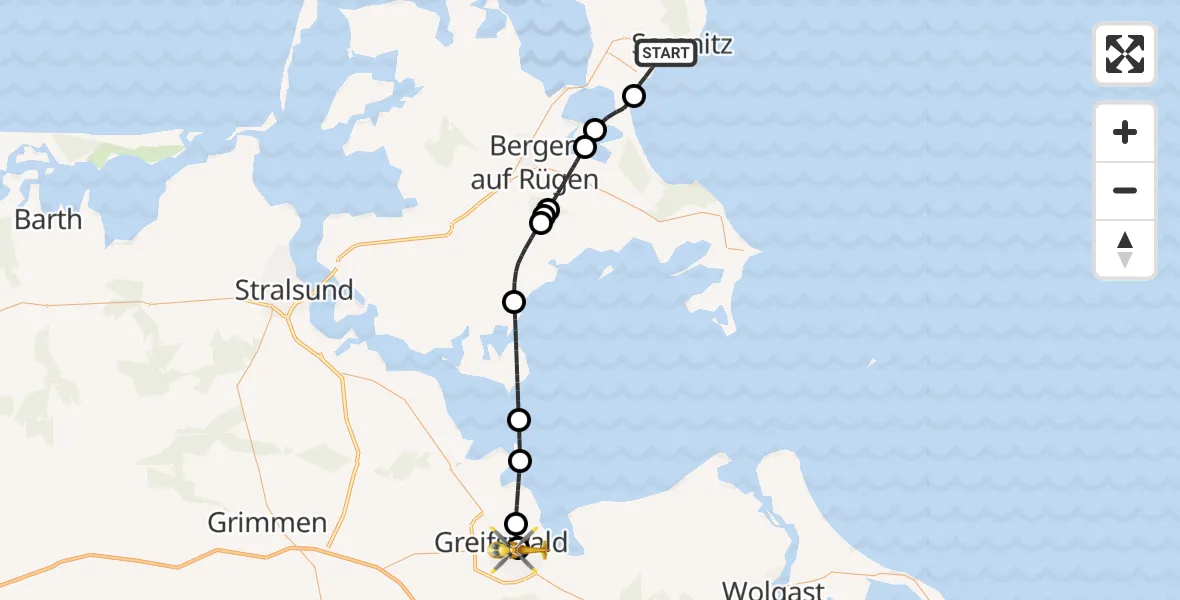 Flugroute Rettungshubschrauber Sassnitz - Greifswald Hospital, 11 Mai 2026, 15:02