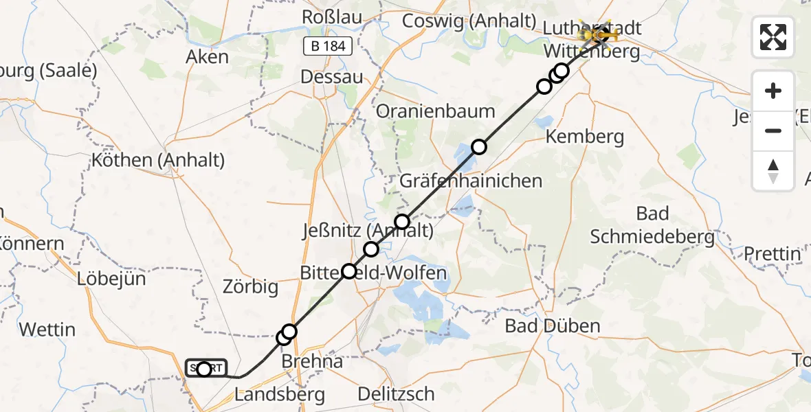 Flugroute Rettungshubschrauber Halle-Oppin Flugplatz - Paul-Gerhardt-Stift Evangelical Hospital, 11 Mai 2026, 15:02