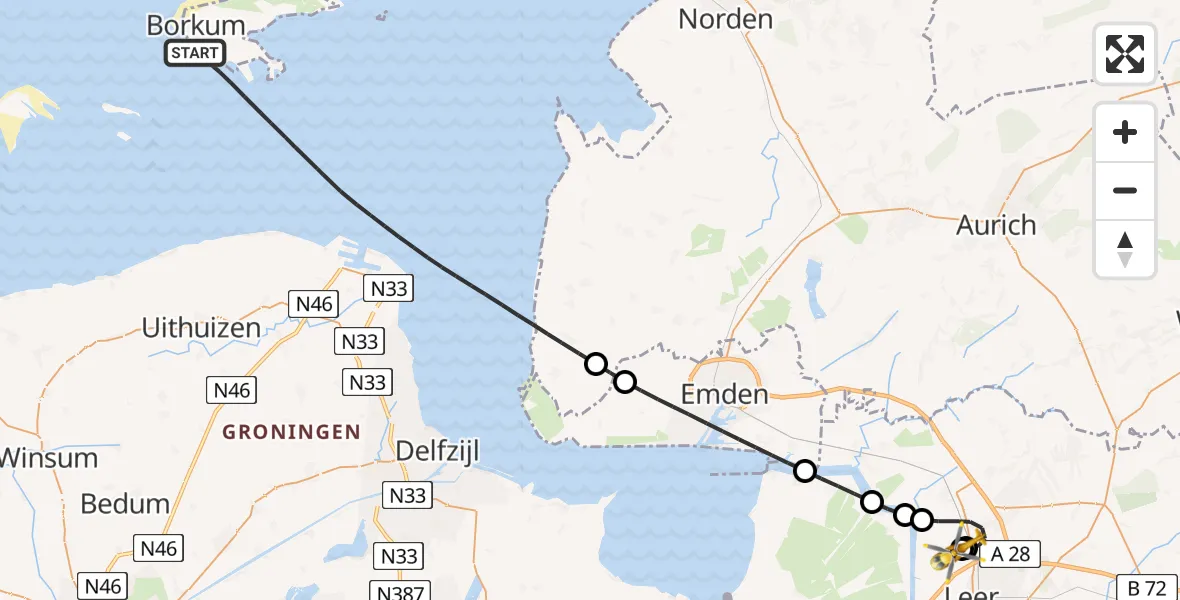 Flugroute Ambulanzhubschrauber Noordzee - Flugplatz Leer-Papenburg, 11 Mai 2026, 15:03
