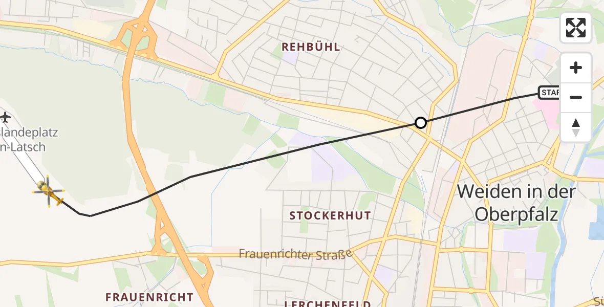 Flugroute Rettungshubschrauber Weiden Hospital - Weiden in der Oberpfalz Flugplatz, 11 Mai 2026, 15:06