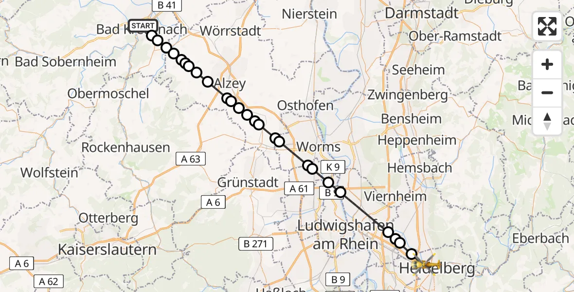 Flugroute Rettungshubschrauber Bad Kreuznach - Heidelberg, 11 Mai 2026, 15:08