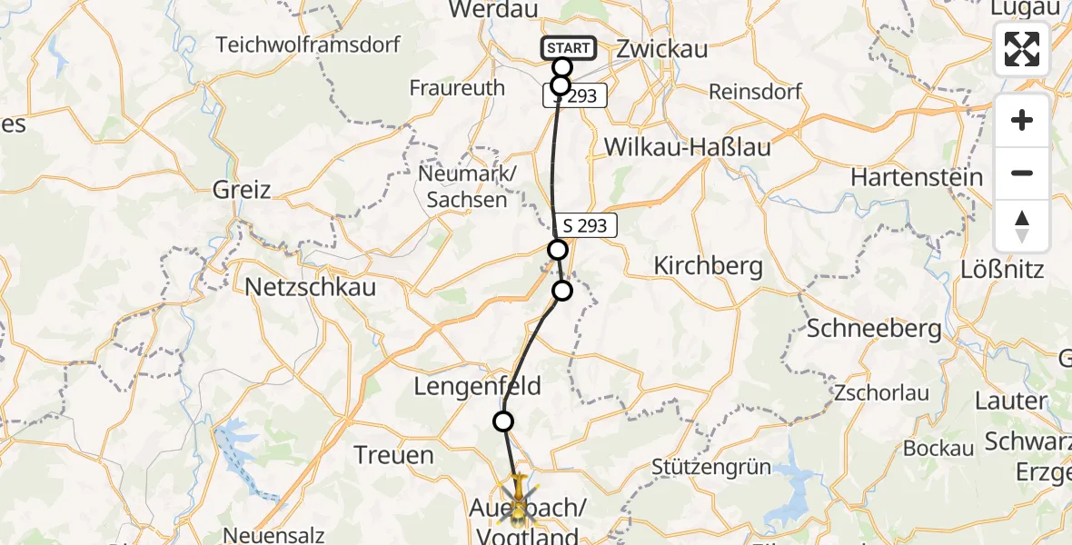 Flugroute Rettungshubschrauber ADAC Air Rescue Station Zwickau Hubschrauberlandeplatz - Auerbach/Vogtl., 11 Mai 2026, 15:17