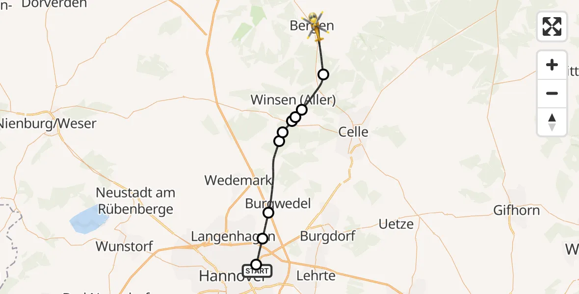 Flugroute Rettungshubschrauber Hannover Luftrettung Hubschrauberlandeplatz (Christoph 4) - Bergen, 11 Mai 2026, 15:19