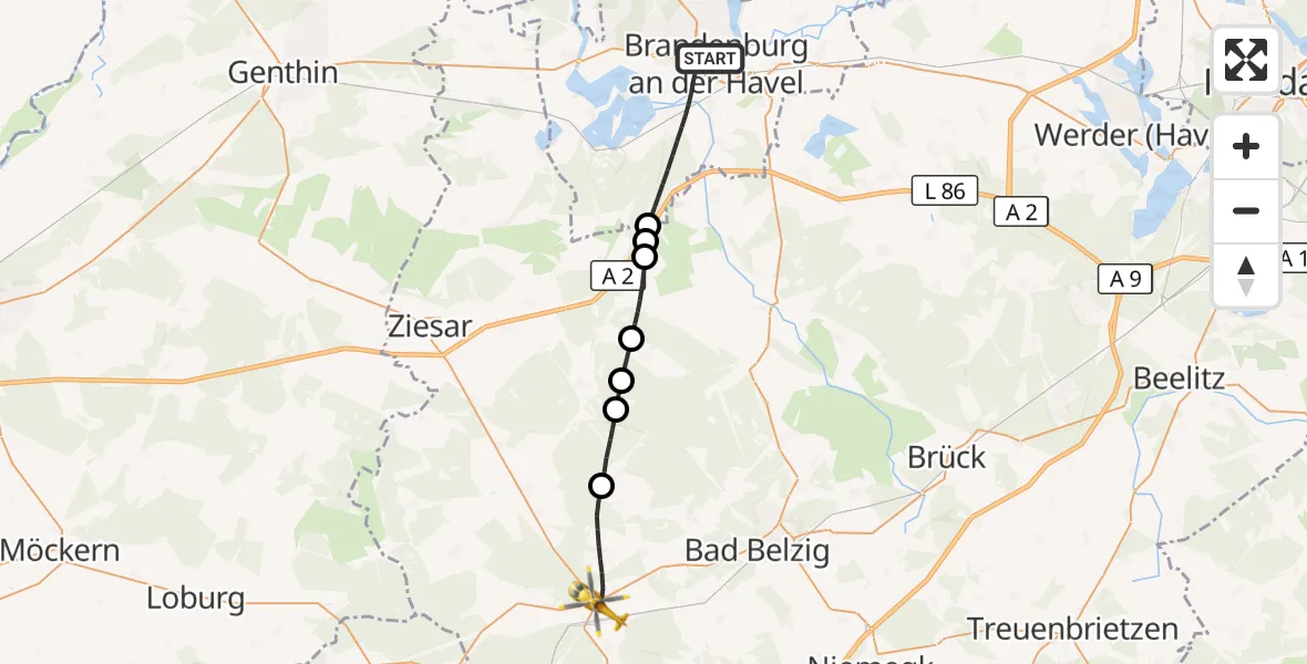 Flugroute Rettungshubschrauber Brandenburg an der Havel - Wiesenburg/Mark, 11 Mai 2026, 15:24