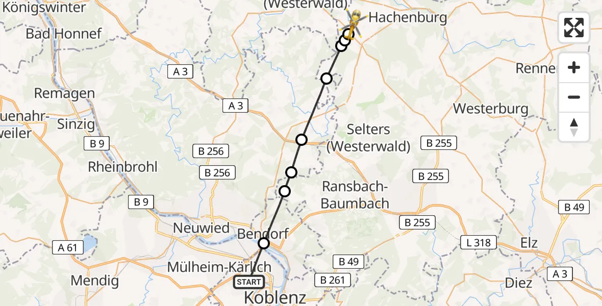 Flugroute Rettungshubschrauber Koblenz - Wahlrod, 11 Mai 2026, 15:25