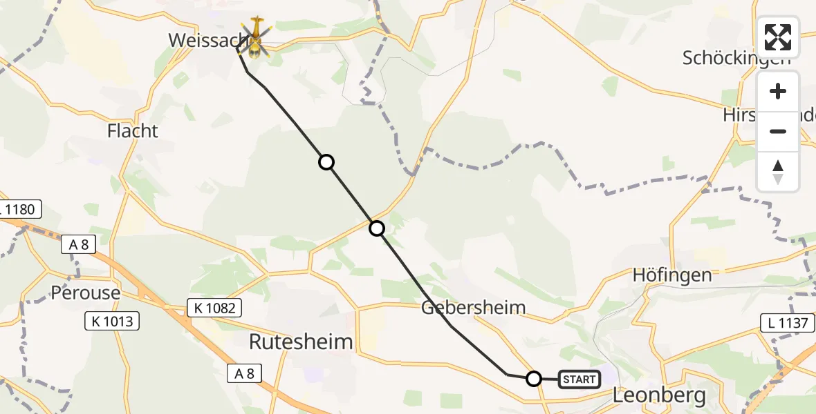Flugroute Rettungshubschrauber Leonberg Hospital - Weissach, 11 Mai 2026, 15:25