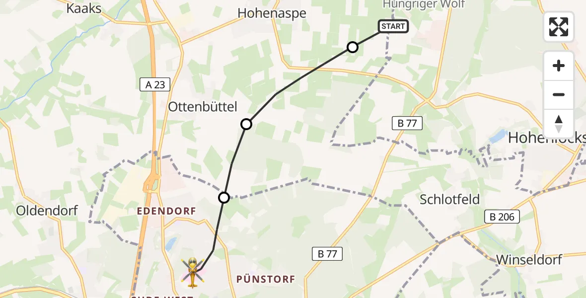 Flugroute Rettungshubschrauber Hohenlockstedt - Itzehoe, 11 Mai 2026, 15:30
