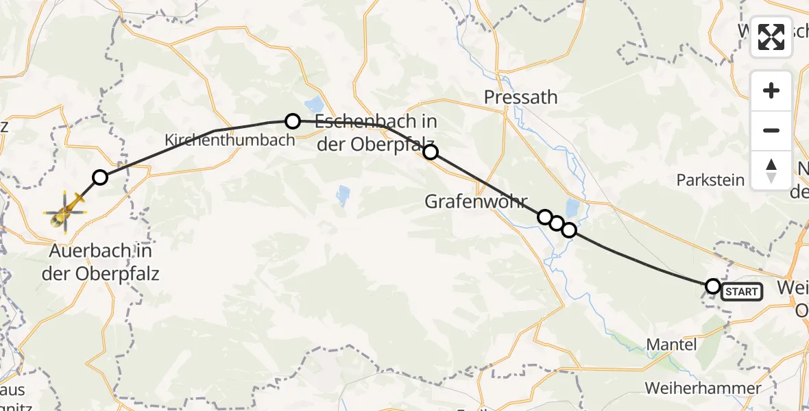 Flugroute Rettungshubschrauber Weiden i.d.OPf. - Auerbach i.d.OPf., 11 Mai 2026, 15:33