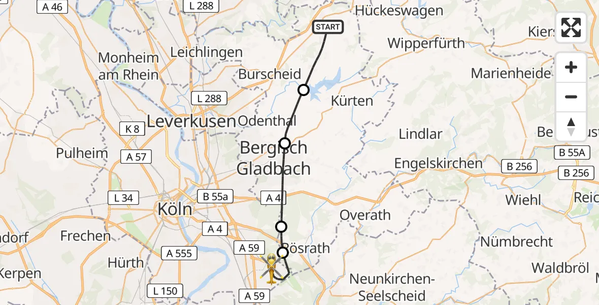 Flugroute Rettungshubschrauber Wermelskirchen - Köln Bonn Flughafen, 11 Mai 2026, 15:34