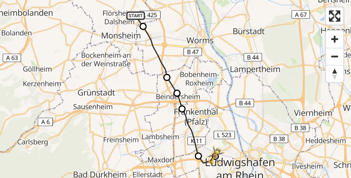Flugroute Rettungshubschrauber Mörstadt - Ludwigshafen Accident Hospital, 11 Mai 2026, 15:44