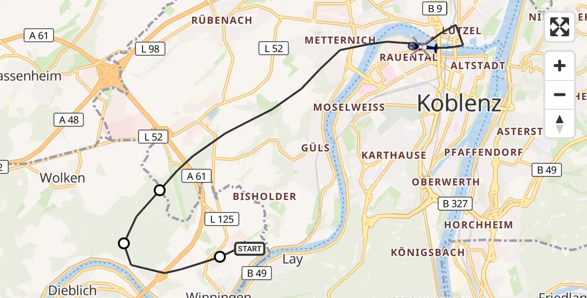 Flugroute Polizeihubschrauber Koblenz-Winningen Flugplatz - Koblenz, 11 Mai 2026, 15:49