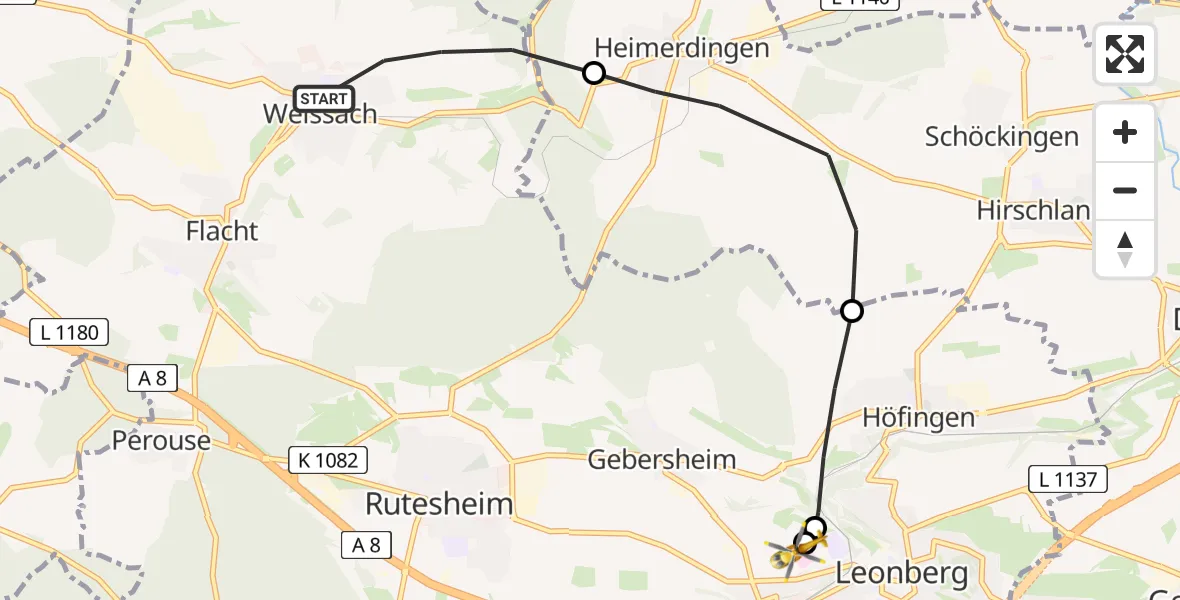 Flugroute Rettungshubschrauber Weissach - Leonberg Hospital, 11 Mai 2026, 15:51