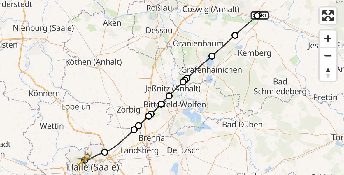Flugroute Rettungshubschrauber Paul-Gerhardt-Stift Evangelical Hospital - Halle (Saale) University Hospital, 11 Mai 2026, 15:54