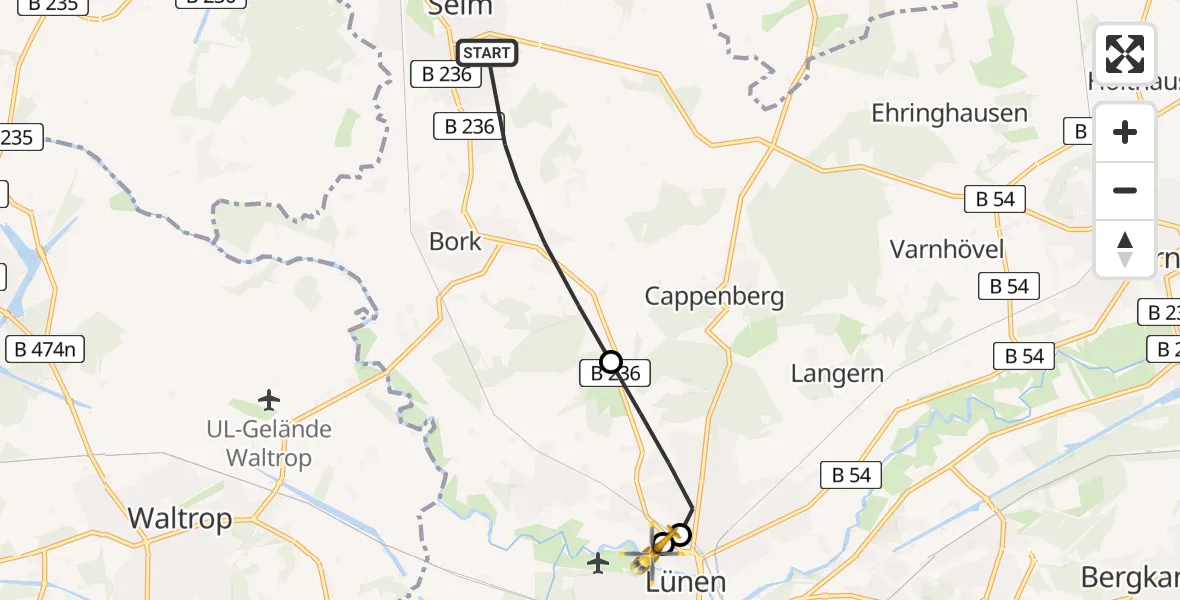 Flugroute Rettungshubschrauber Selm - Sankt Marien Hospital, 11 Mai 2026, 15:56