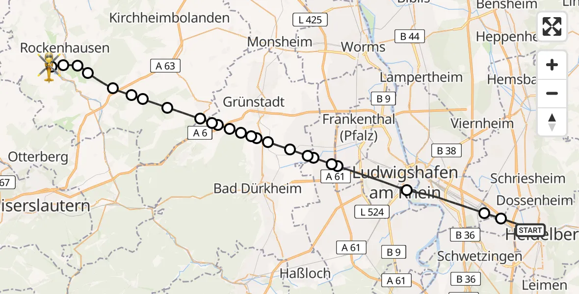 Flugroute Rettungshubschrauber Heidelberg - Imsweiler UL, 11 Mai 2026, 15:57