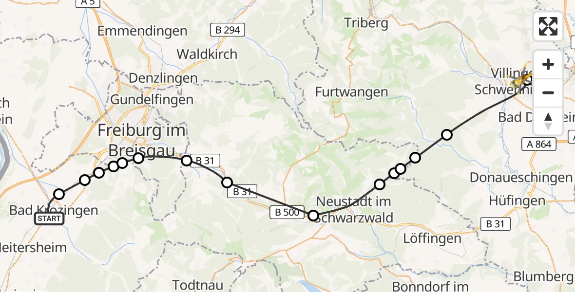 Flugroute Rettungshubschrauber Bad Krozingen - DRF Air Rescue Station Villingen-Schwenningen Hubschrauberlandeplatz (Christoph 11), 11 Mai 2026, 15:58