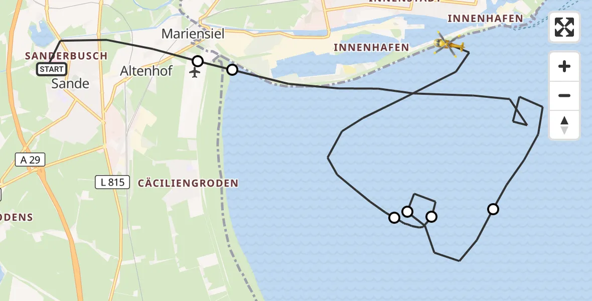 Flugroute Rettungshubschrauber Sande - Wilhelmshaven, 11 Mai 2026, 16:01