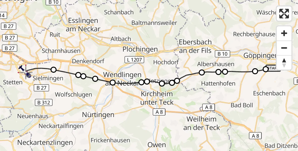 Flugroute Polizeihubschrauber Göppingen - Flughafen Stuttgart, 11 Mai 2026, 16:03