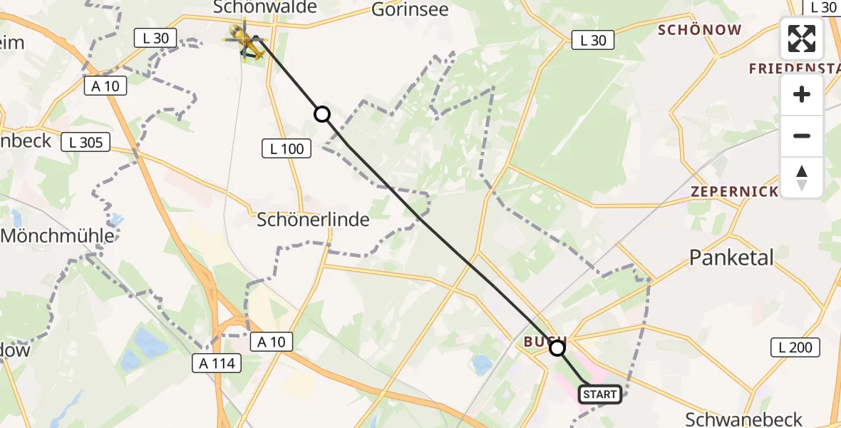Flugroute Rettungshubschrauber Helios Clinic Berlin-Buch - Wandlitz, 11 Mai 2026, 16:03