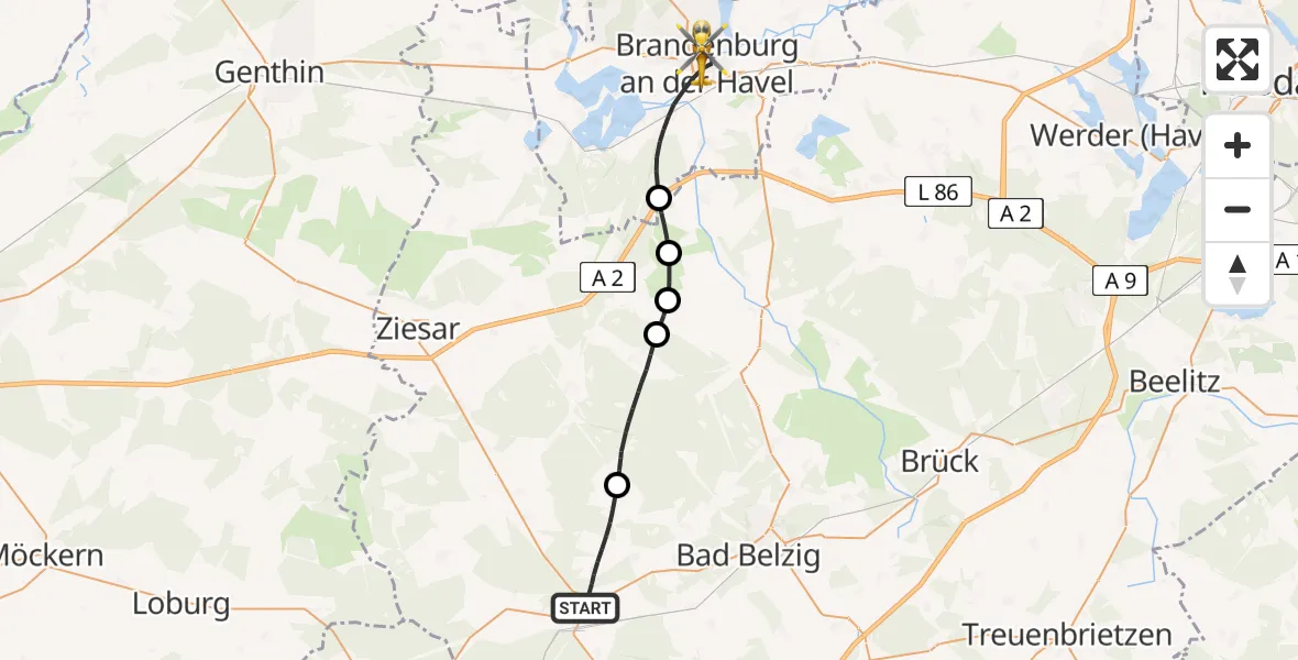 Flugroute Rettungshubschrauber Wiesenburg/Mark - Brandenburg an der Havel, 11 Mai 2026, 16:08