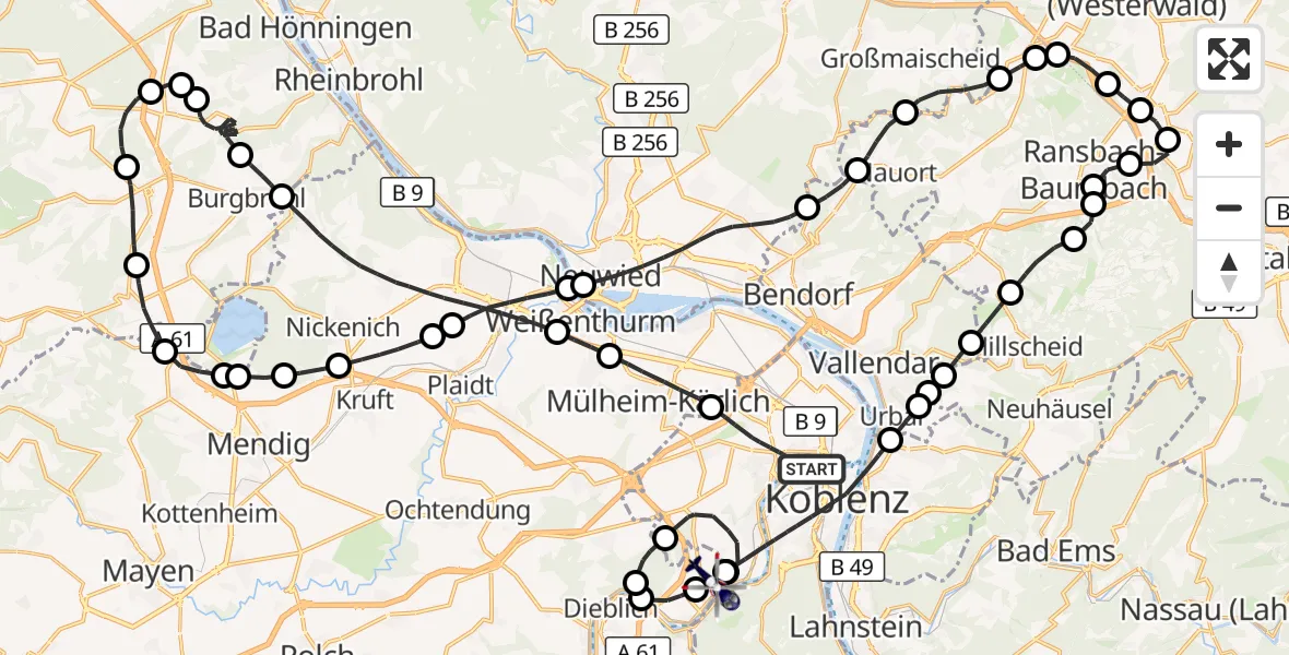 Flugroute Polizeihubschrauber Koblenz - Koblenz-Winningen Flugplatz, 11 Mai 2026, 16:14