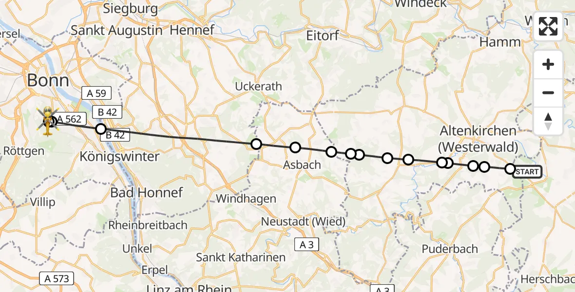 Flugroute Rettungshubschrauber Borod - Bonn University Hospital, 11 Mai 2026, 16:19