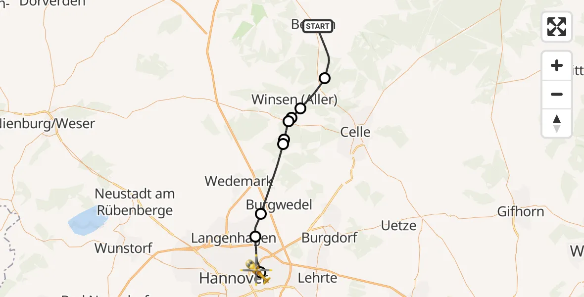 Flugroute Rettungshubschrauber Bergen - Hannover Luftrettung Hubschrauberlandeplatz (Christoph 4), 11 Mai 2026, 16:22