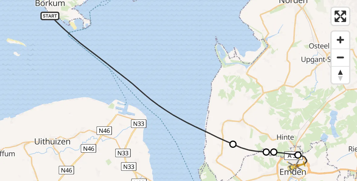Flugroute Ambulanzhubschrauber Noordzee - Emden, 11 Mai 2026, 16:33