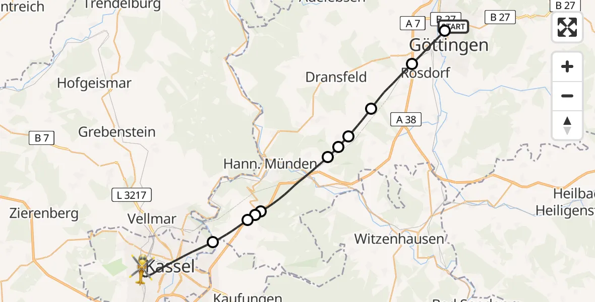 Flugroute Rettungshubschrauber Göttingen University Clinic Hubschrauberlandeplatz - Kassel, 11 Mai 2026, 16:35