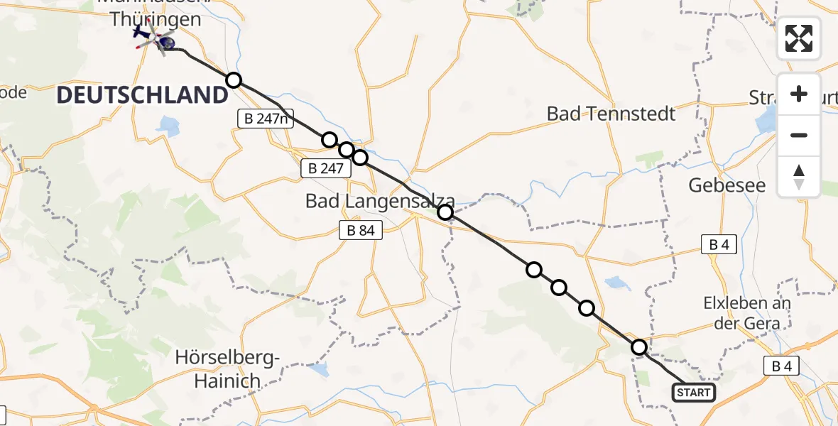 Flugroute Polizeihubschrauber Erfurt - Mühlhausen/Thüringen, 11 Mai 2026, 16:50