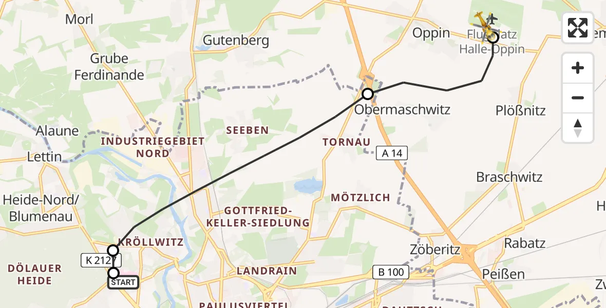 Flugroute Rettungshubschrauber Halle (Saale) University Hospital - Halle-Oppin Flugplatz, 11 Mai 2026, 16:51