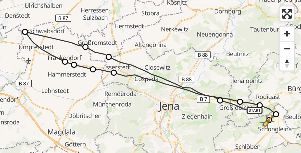 Flugroute Rettungshubschrauber Großlöbichau - Jena-Schöngleina Flugplatz, 11 Mai 2026, 17:11