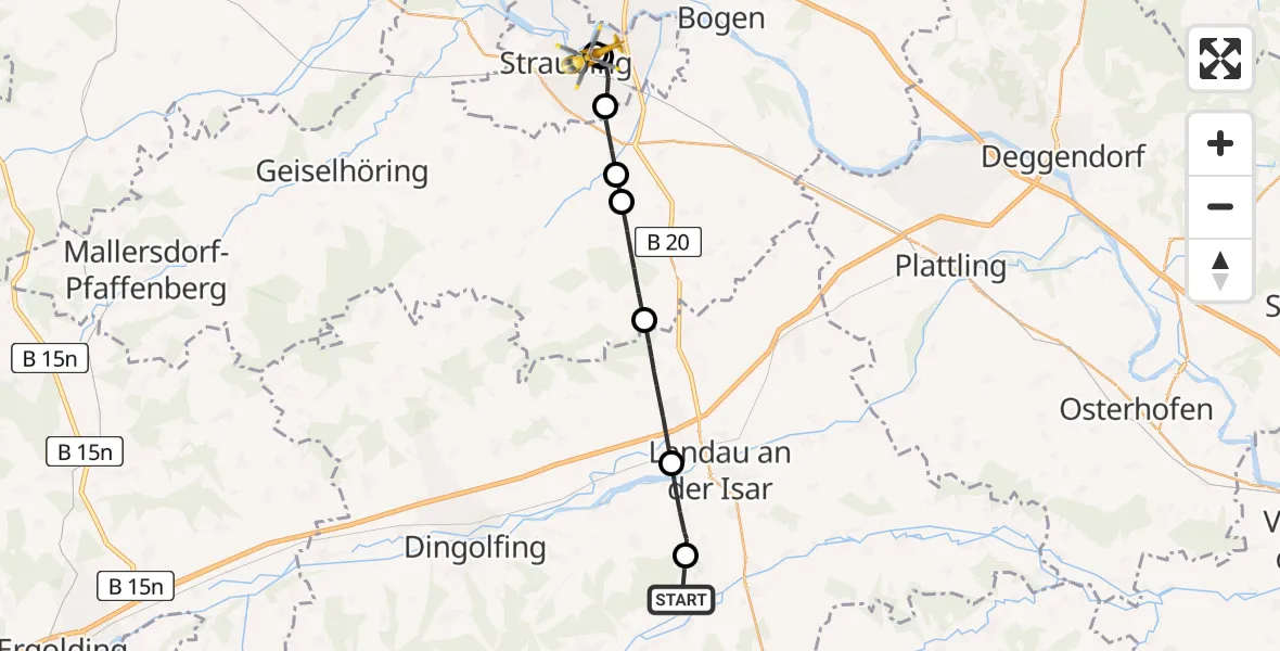 Flugroute Rettungshubschrauber Reisbach - Sankt Elisabeth Hospital Straubing, 11 Mai 2026, 17:18