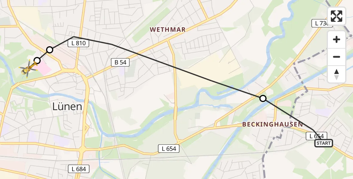 Flugroute Rettungshubschrauber Bergkamen - Sankt Marien Hospital, 11 Mai 2026, 17:21