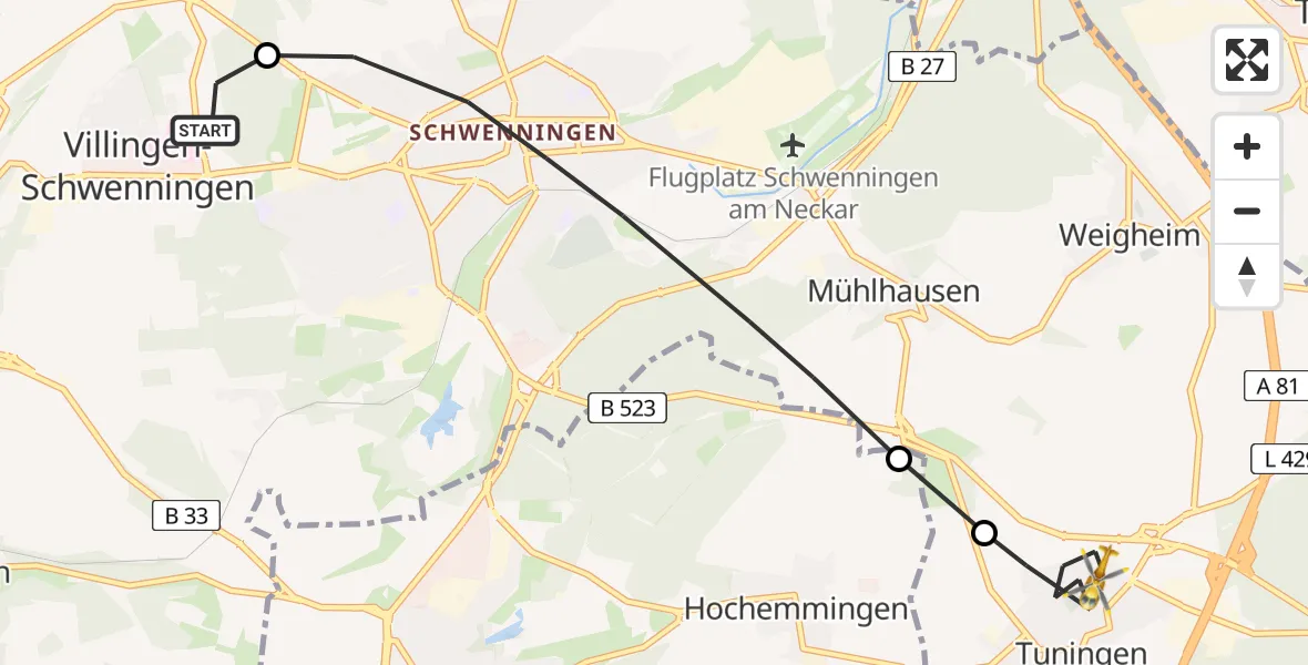 Flugroute Rettungshubschrauber DRF Air Rescue Station Villingen-Schwenningen Hubschrauberlandeplatz (Christoph 11) - Tuningen, 11 Mai 2026, 17:26