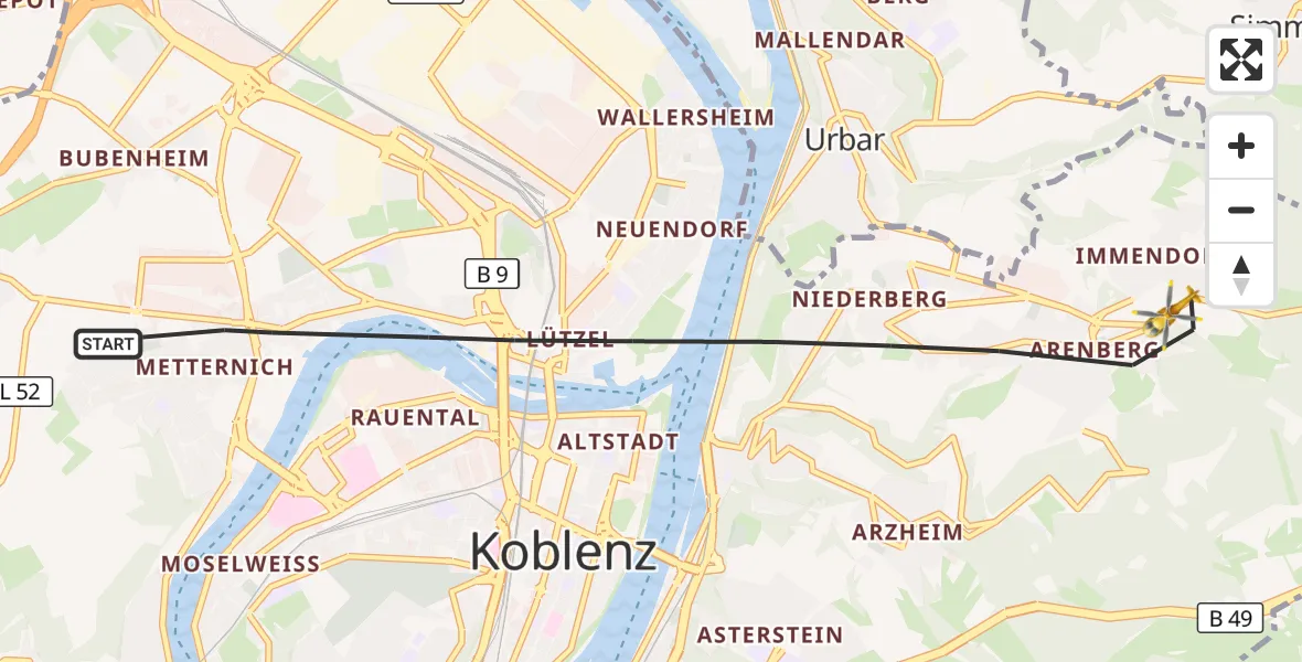 Flugroute Rettungshubschrauber Koblenz - Koblenz, 11 Mai 2026, 17:31