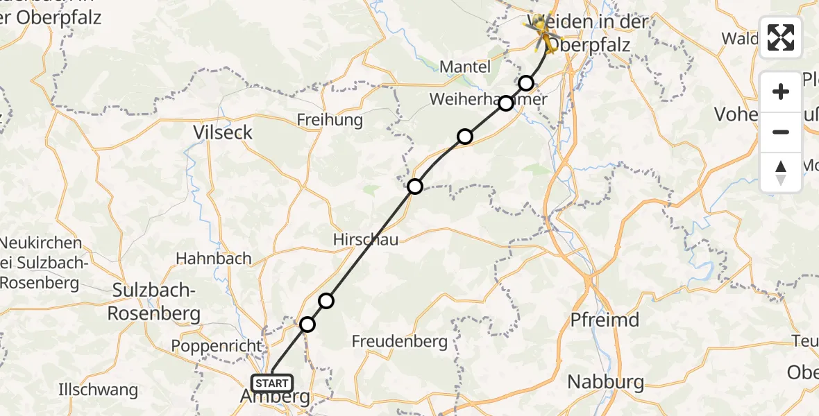 Flugroute Rettungshubschrauber Amberg - Weiden i.d.OPf., 11 Mai 2026, 17:40