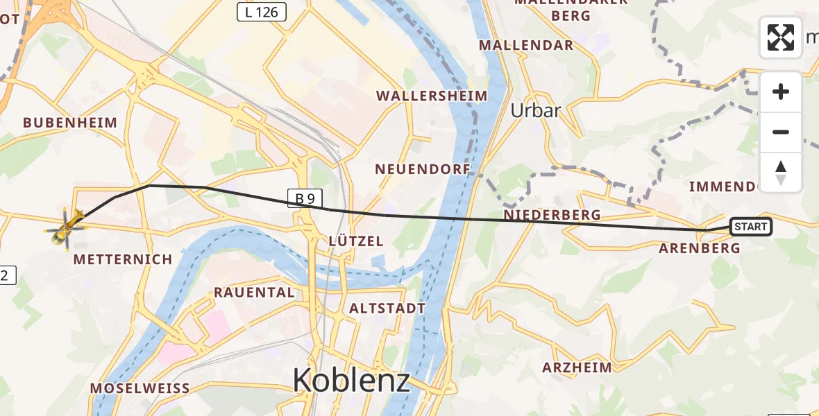 Flugroute Rettungshubschrauber Koblenz - Koblenz, 11 Mai 2026, 17:58