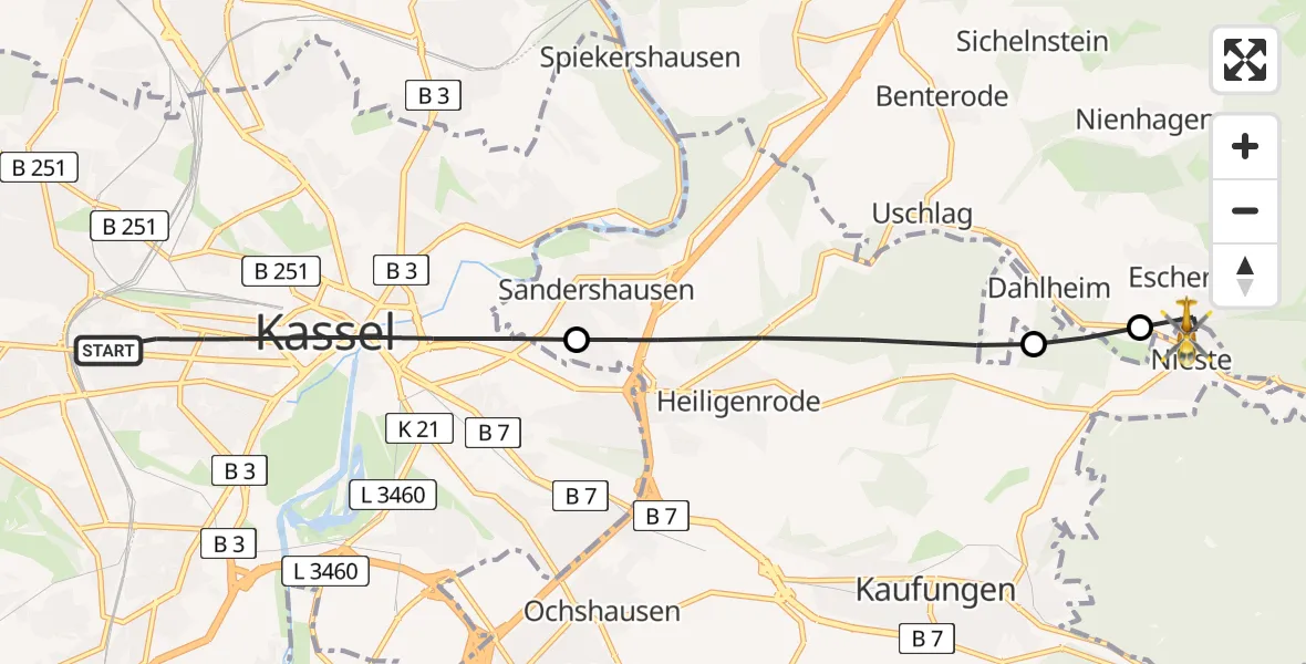 Flugroute Rettungshubschrauber Kassel - Nieste, 11 Mai 2026, 18:03