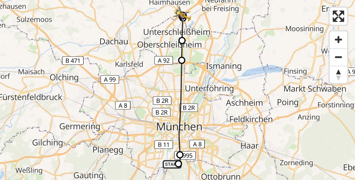 Flugroute Rettungshubschrauber ADAC Air Rescue Center Hubschrauberlandeplatz (Christoph 1) - Eching, 11 Mai 2026, 18:03
