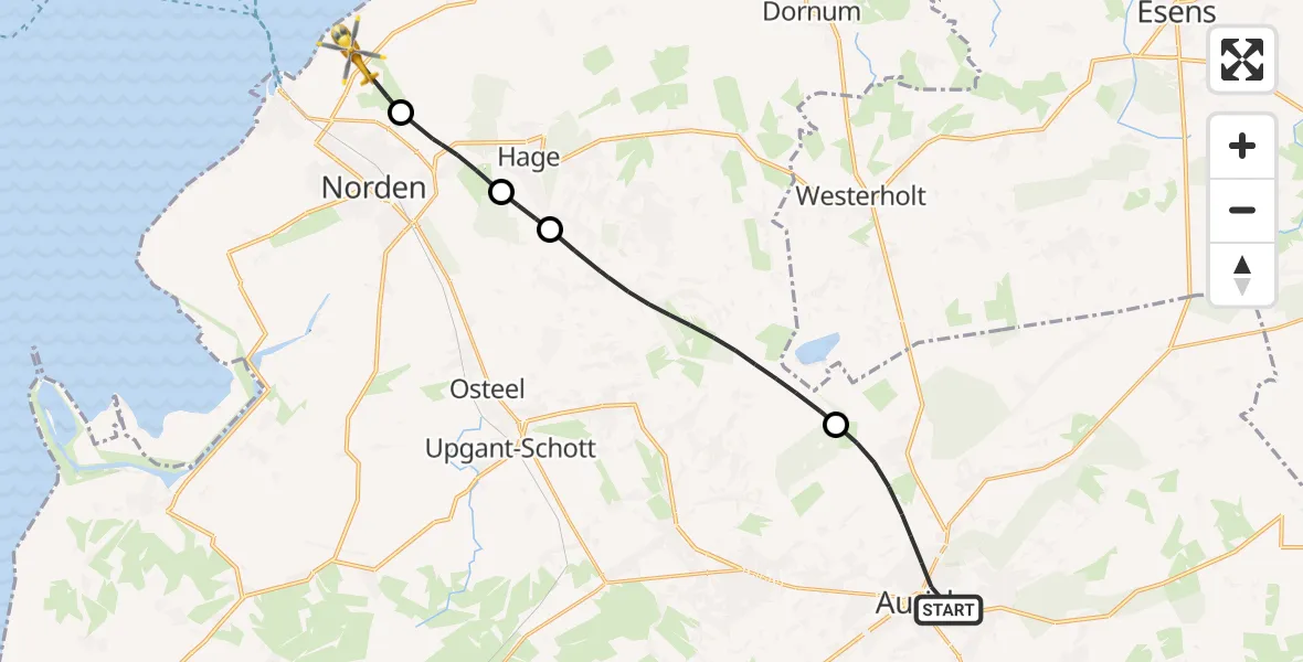 Flugroute Ambulanzhubschrauber Aurich - Norden-Norddeich Flughafen, 11 Mai 2026, 18:07