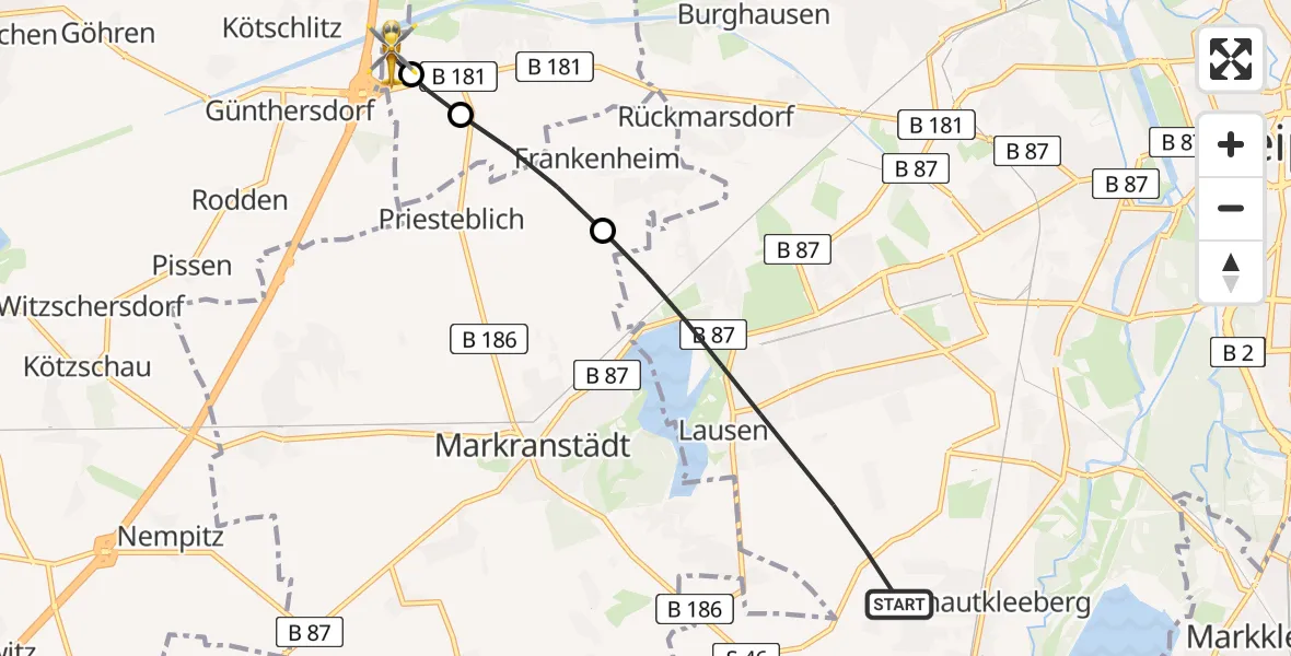Flugroute Rettungshubschrauber Leipzig - ADAC Air Rescue Station Leipzig/Schkeuditz-Dölzig Hubschrauberlandeplatz (Christoph 61), 11 Mai 2026, 18:09