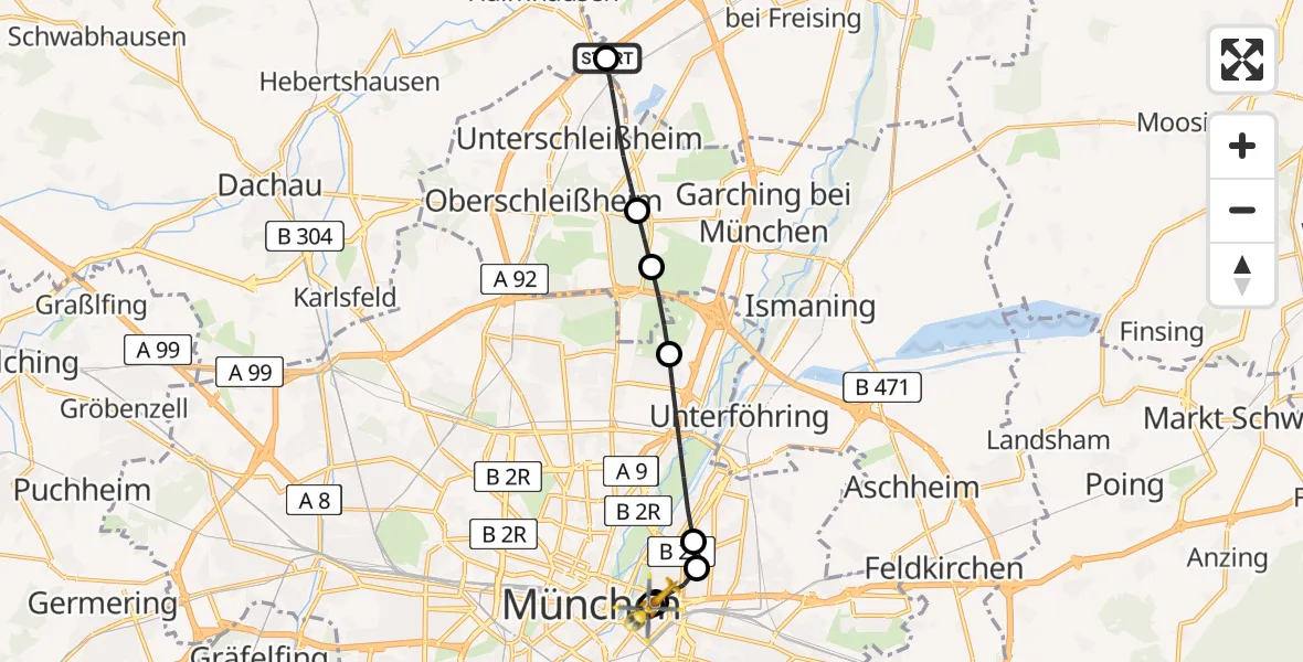 Flugroute Rettungshubschrauber Eching - Rechts der Isar University Hospital, 11 Mai 2026, 18:34