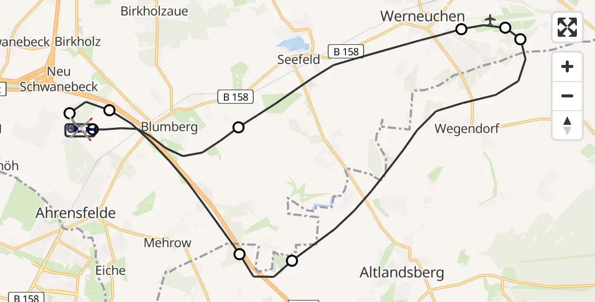 Flugroute Polizeihubschrauber Ahrensfelde Hubschrauberlandeplatz - Ahrensfelde Hubschrauberlandeplatz, 11 Mai 2026, 18:35
