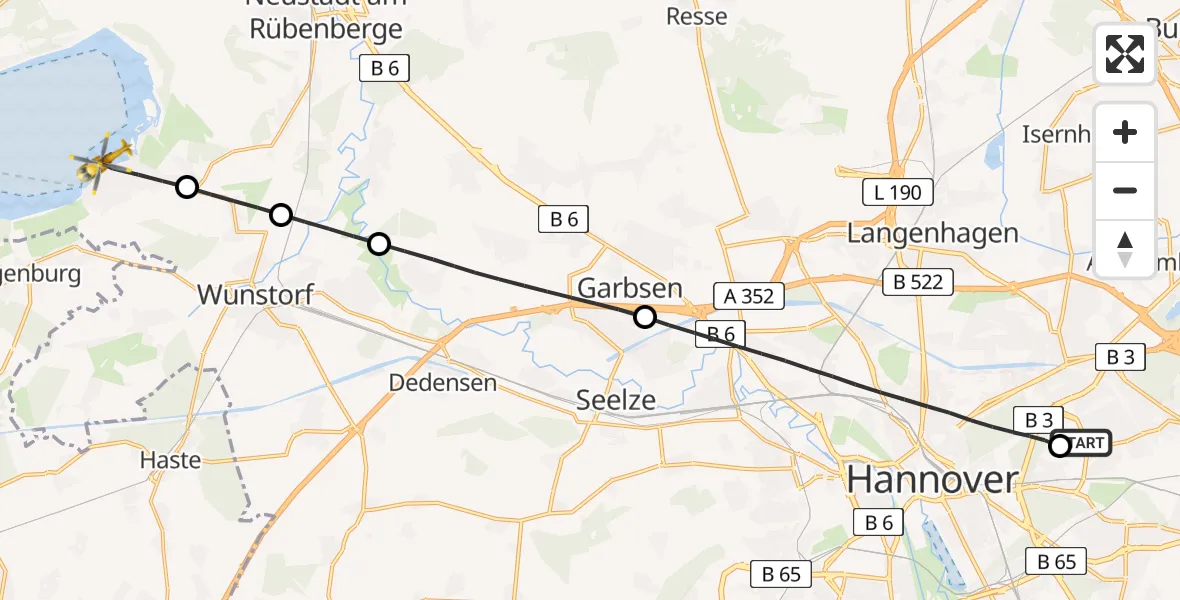 Flugroute Rettungshubschrauber Hannover Luftrettung Hubschrauberlandeplatz (Christoph 4) - Wunstorf, 11 Mai 2026, 18:35