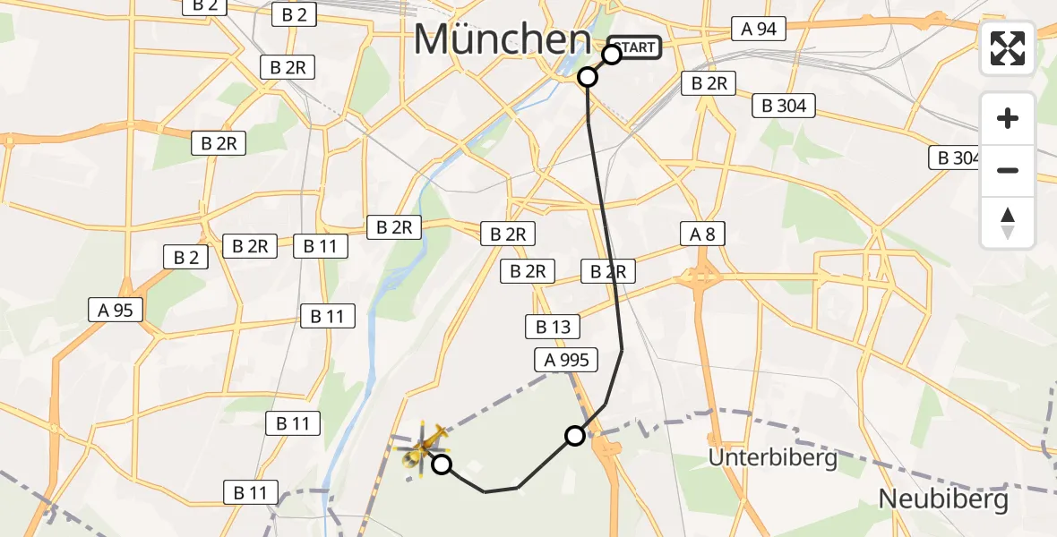 Flugroute Rettungshubschrauber Rechts der Isar University Hospital - ADAC Air Rescue Center Hubschrauberlandeplatz (Christoph 1), 11 Mai 2026, 19:16