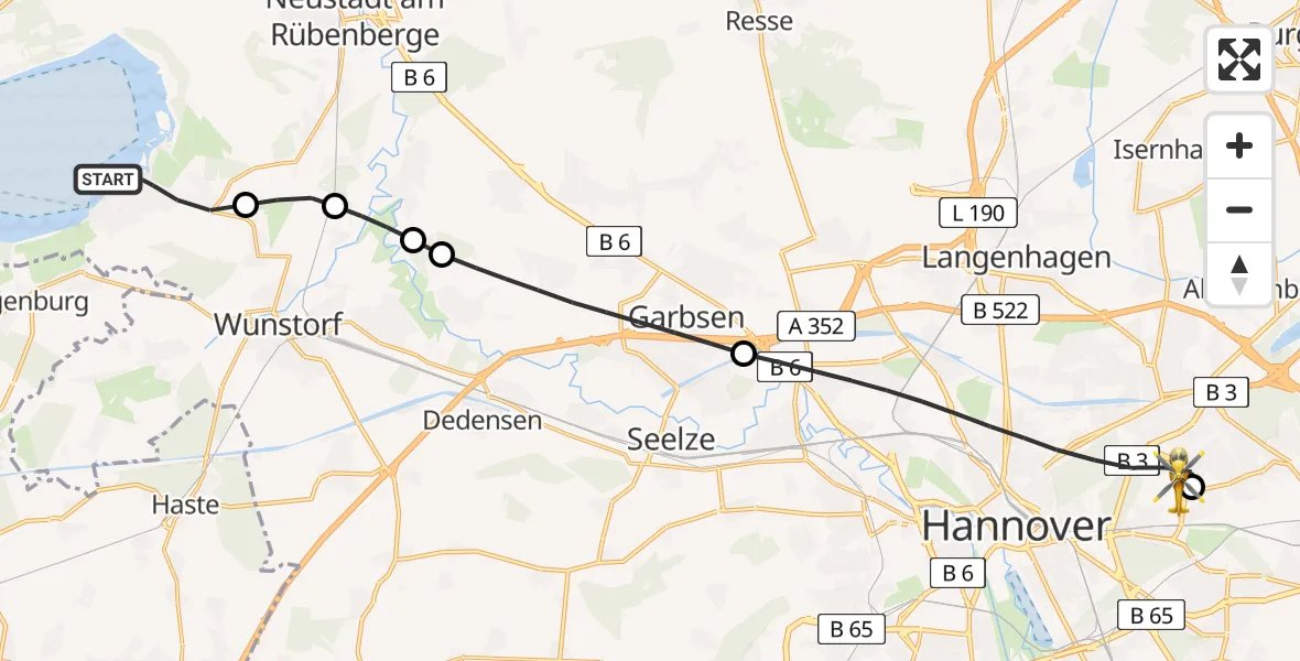 Flugroute Rettungshubschrauber Wunstorf - Hannover Luftrettung Hubschrauberlandeplatz (Christoph 4), 11 Mai 2026, 19:19