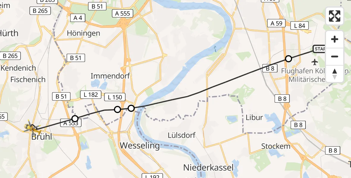 Flugroute Rettungshubschrauber Köln Bonn Flughafen - Brühl, 11 Mai 2026, 19:30