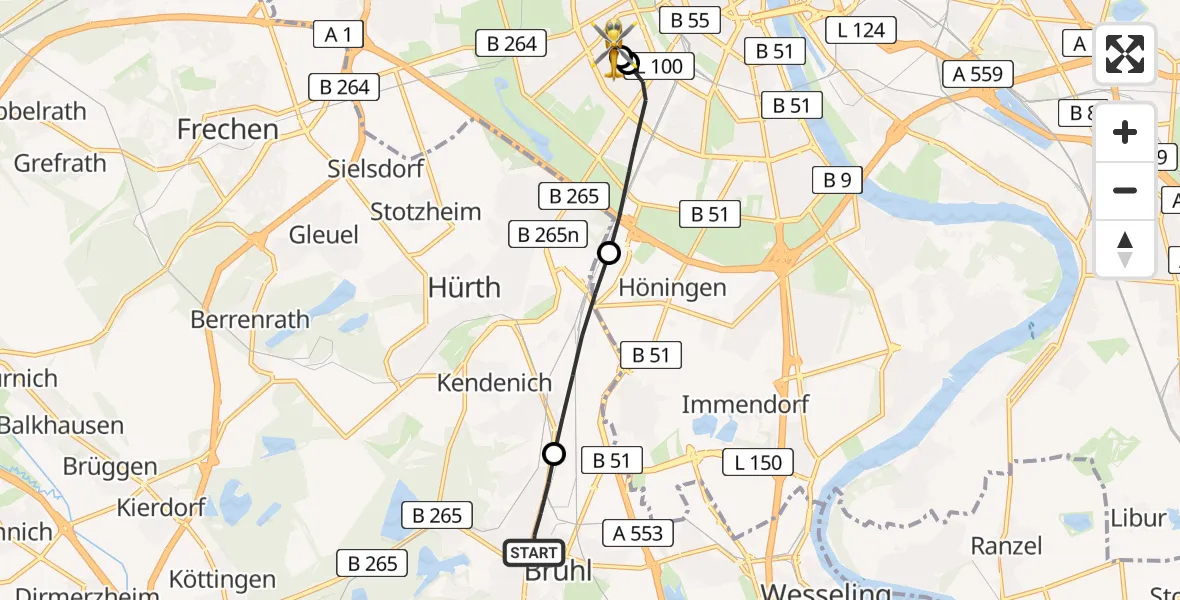 Flugroute Rettungshubschrauber Brühl - Köln University Hospital, 11 Mai 2026, 20:09