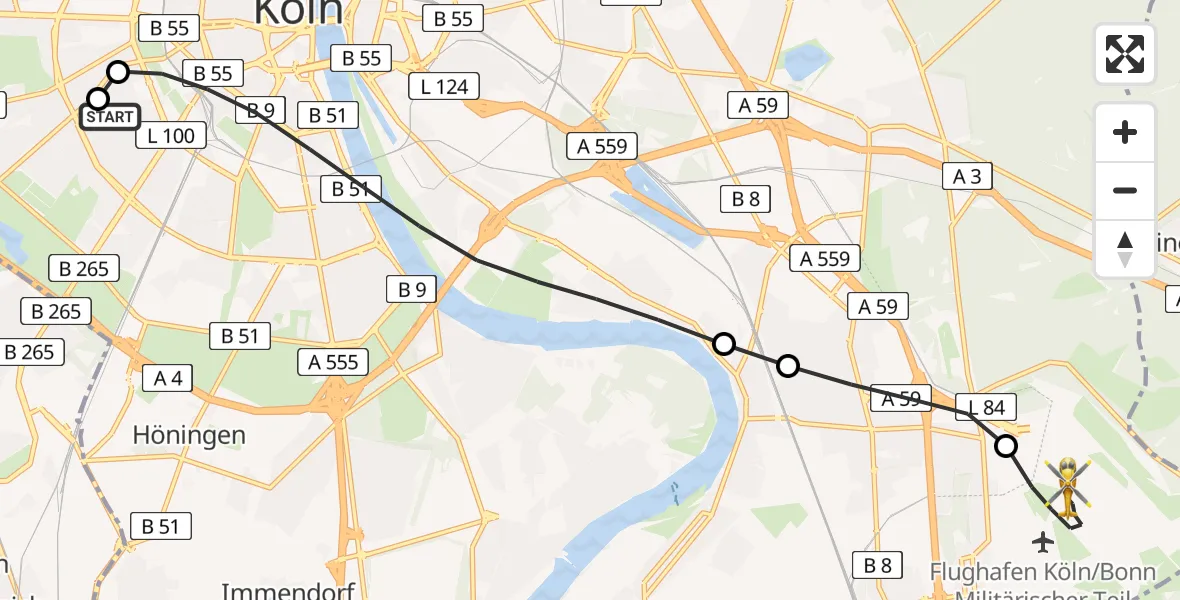 Flugroute Rettungshubschrauber Köln University Hospital - Köln Bonn Flughafen, 11 Mai 2026, 20:48